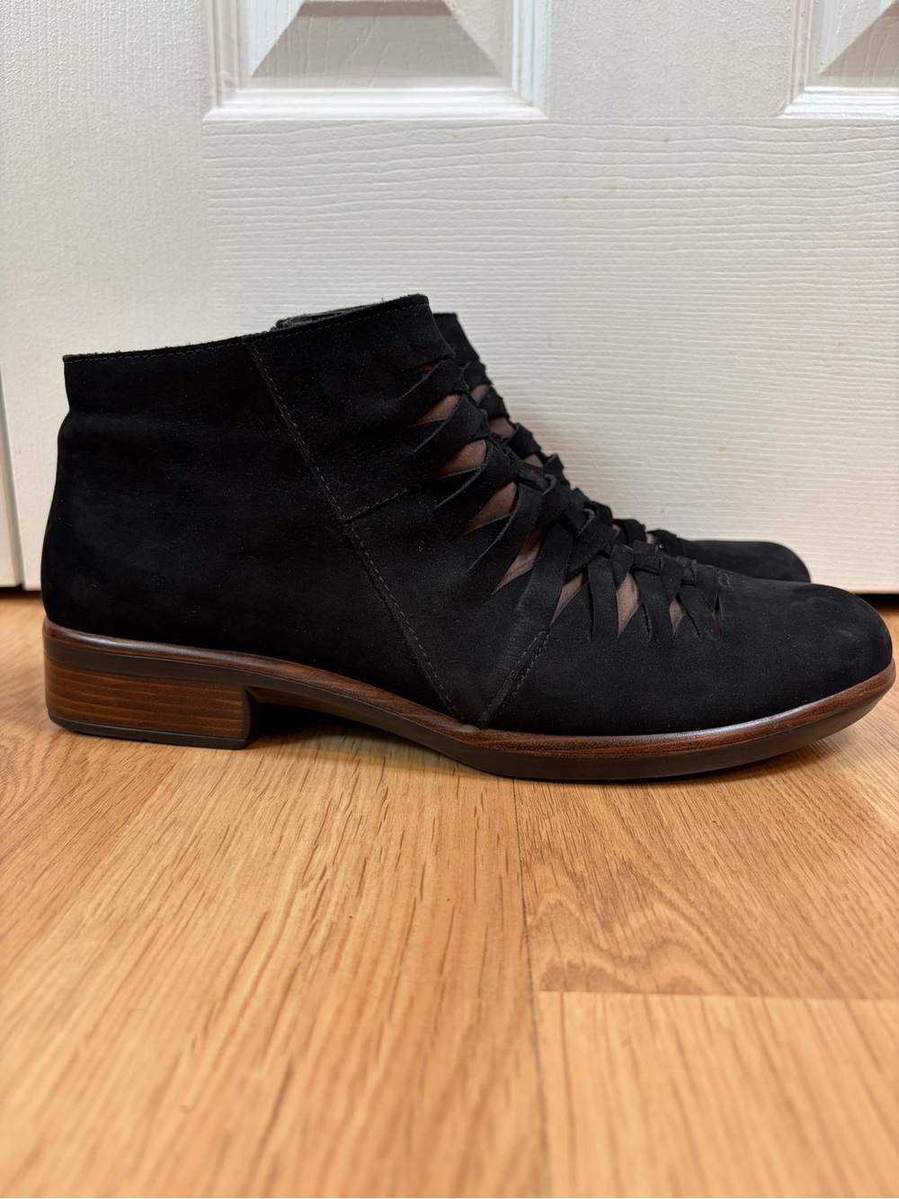 Naot Black Suede Ankle Booties with Cutout Detail